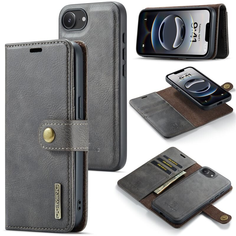 DG.MING Magnet Wallet iPhone 16e Brown - Stilrent läderfodral med avtagbart magnetiskt skal