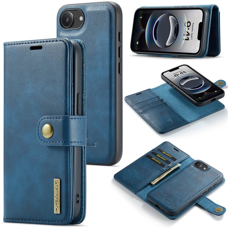 DG.MING Magnet Wallet iPhone 16e Blue - Stilrent läderfodral med avtagbart magnetiskt skal
