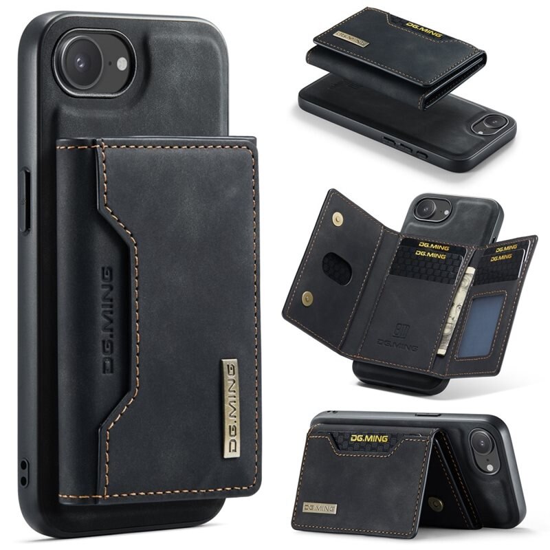 DG.MING Magnetic Card Slot Case iPhone 16e Black - Stilrent läderskal med avtagbar plånbok och stativfunktion