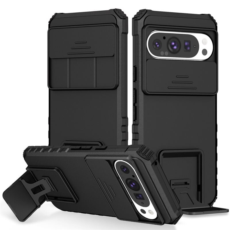 Google Pixel 9 Pro Kickstand Skal Kameraskydd Svart - Kameralucka utfällbart stöd