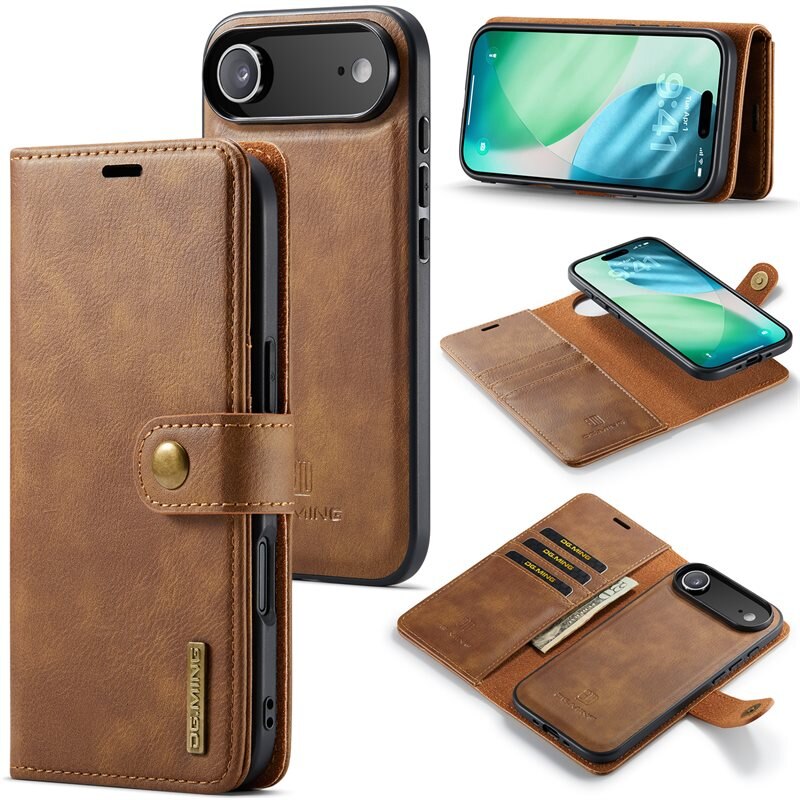 DG.MING Magnet Wallet iPhone 17 Air Cognac - Stilrent läderfodral med avtagbart magnetiskt skal
