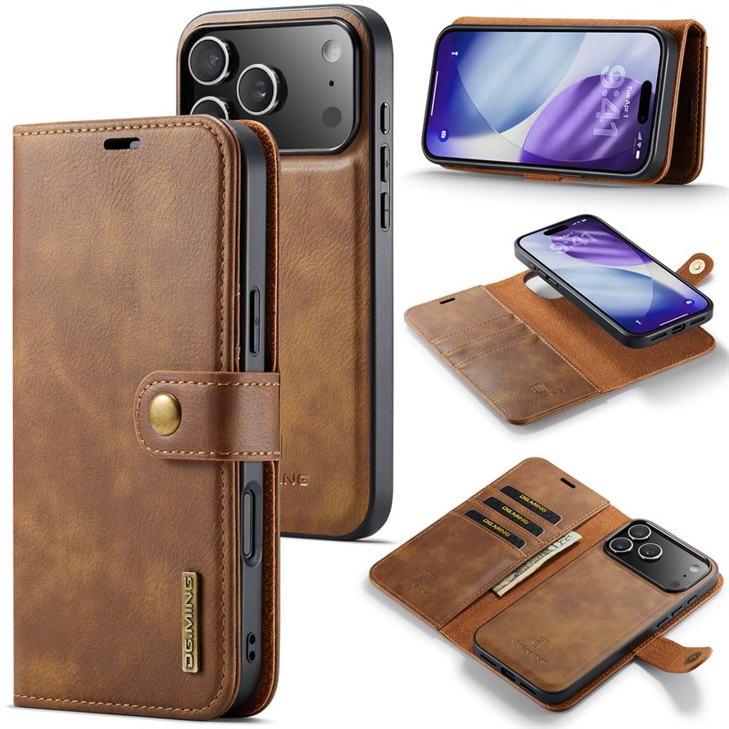 DG.MING Magnet Wallet iPhone 17 Pro Max Cognac - Stilrent läderfodral med avtagbart magnetiskt skal