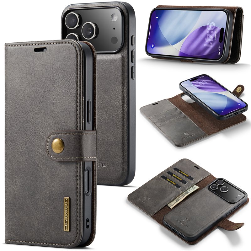 DG.MING Magnet Wallet iPhone 17 Pro Max Brown - Stilrent läderfodral med avtagbart magnetiskt skal