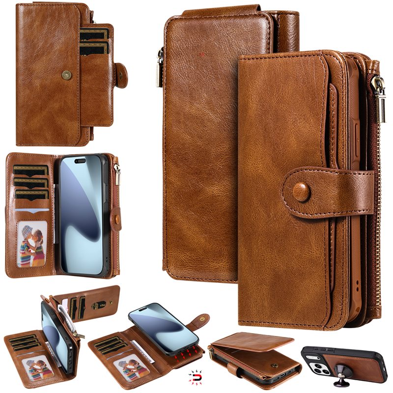 Magnet Leather Multi-Wallet iPhone 17 Pro Brun - Plånboksfodral med avtagbart skal