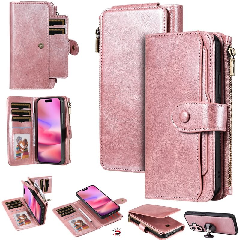 Magnet Leather Multi-Wallet iPhone 17 Rosa - Plånboksfodral med avtagbart skal