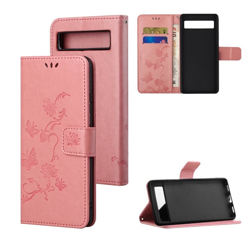 Läderfodral Fjärilar Google Pixel 7a Rosa - Fint plånboksfodral med mönster