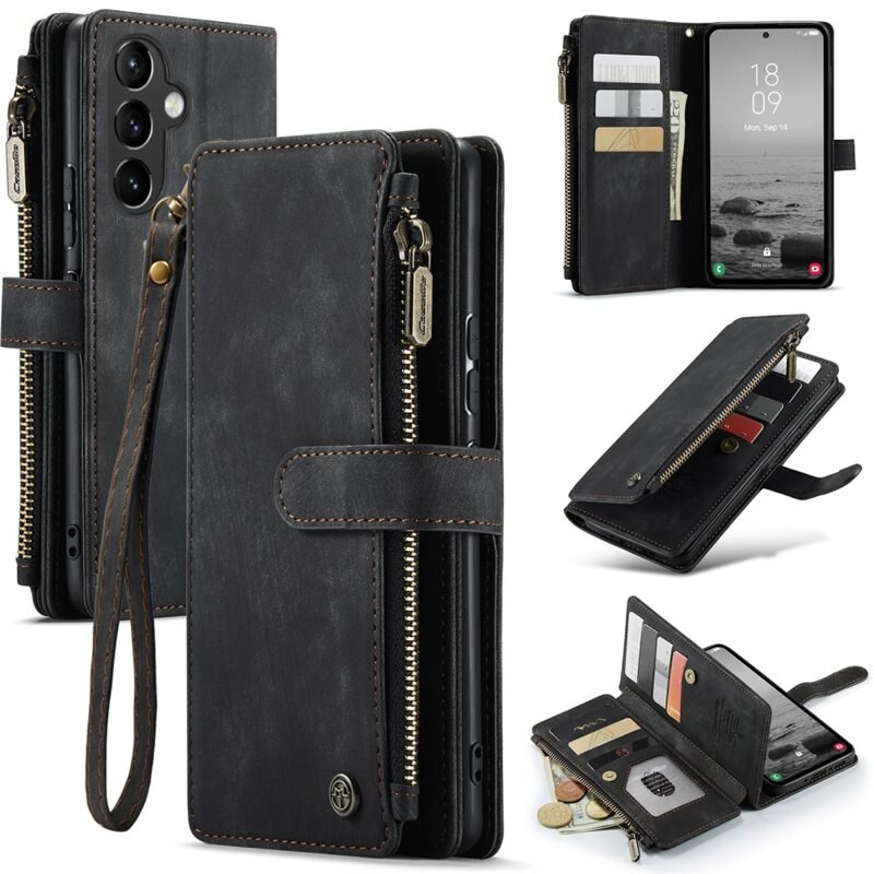 CaseMe Zipper Plånboksfodral Samsung Galaxy A54 Svart - Mobilfodral med inbyggd plånbok, myntfack och sedelficka