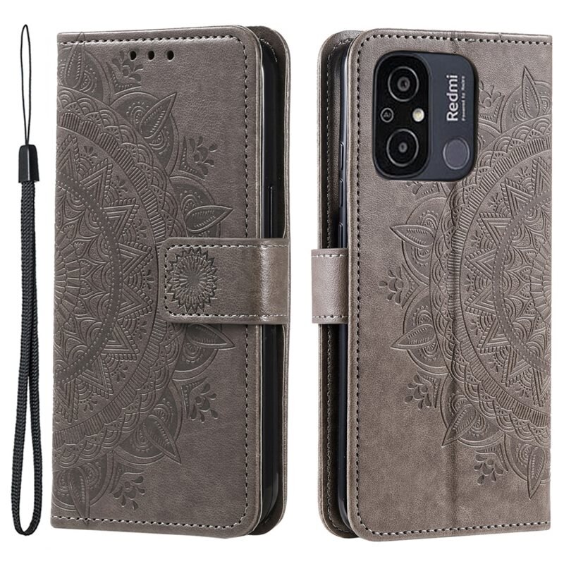 Läderfodral Mandala Xiaomi Redmi 12C grå - Mobilväska Dam - Mobilfodral