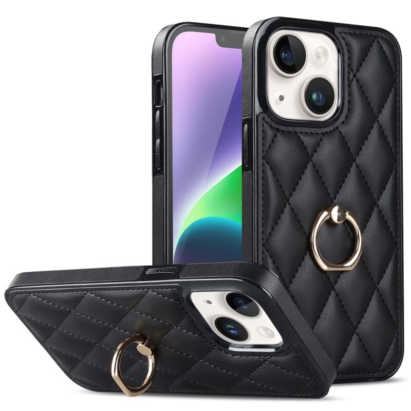 Skal Finger Ring iPhone 14 Quilted svart - Snyggt mobilskal med fingerhållare och ställfunktion