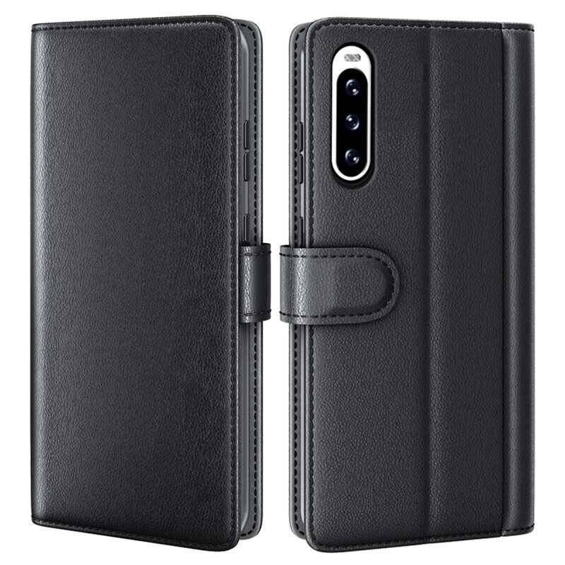 Äkta Läderfodral Sony Xperia 10 V Svart - Stilrent plånboksfodral med plats för sedlar och kort