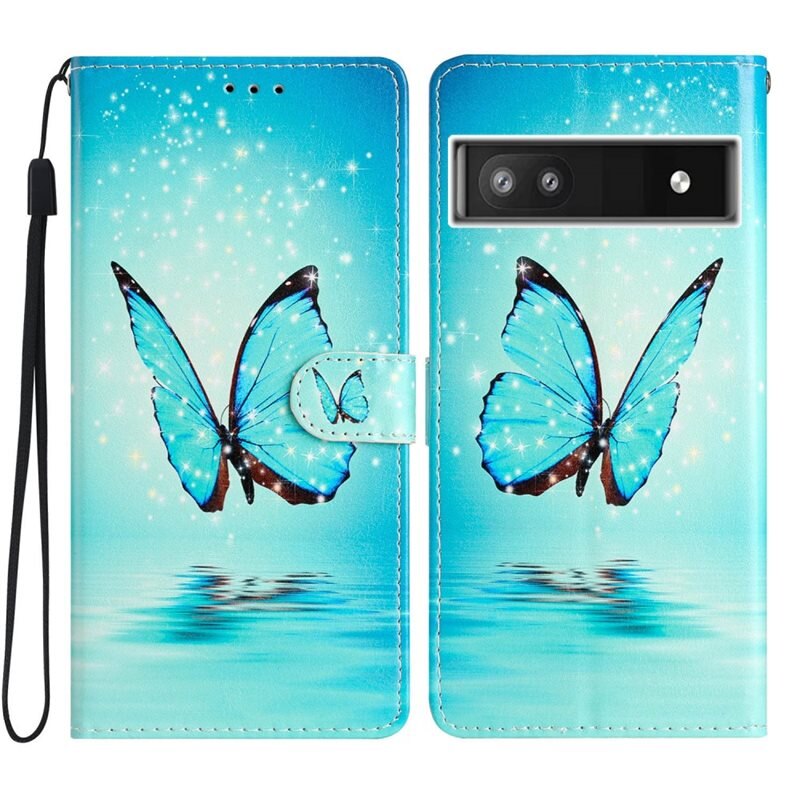 Mobilfodral Google Pixel 6a blå fjärilar - Plånboksfodral