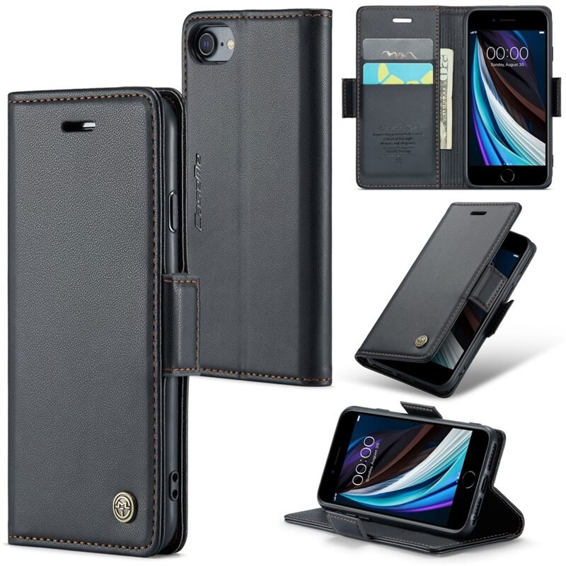 CaseMe Slim Plånboksfodral RFID-skydd iPhone 8 Svart - Tunt mobilfodral med plånbok och RFID-skydd