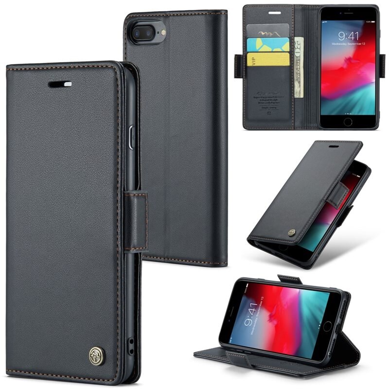 CaseMe Slim Plånboksfodral RFID-skydd iPhone 7 Plus/iPhone 8 Plus Svart - Tunt mobilfodral med plånbok och RFID-skydd