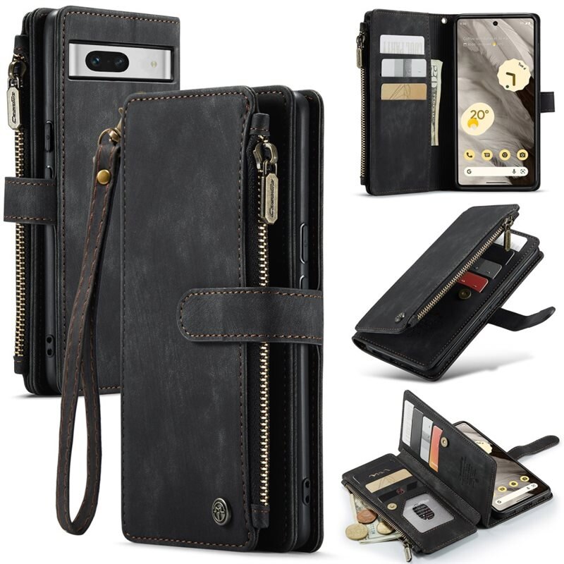 CaseMe Zipper Plånboksfodral Google Pixel 7a Svart - Mobilfodral med inbyggd plånbok, myntfack och sedelficka