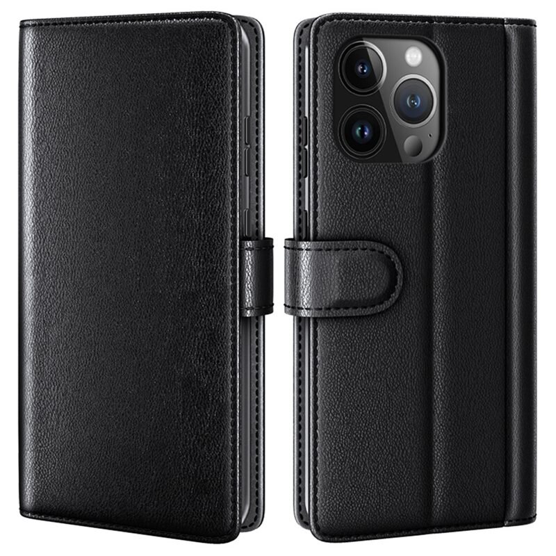 Äkta Läderfodral iPhone 15 Pro Max Svart - Stilrent plånboksfodral med plats för sedlar och kort