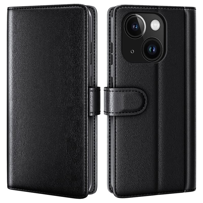 Äkta Läderfodral iPhone 15 Plus Svart - Stilrent plånboksfodral med plats för sedlar och kort