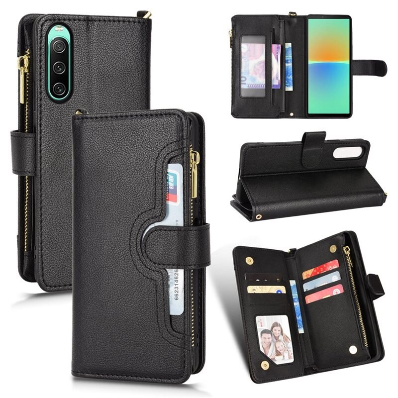 Läderplånbok Multi-slot Zipper Sony Xperia 10 V svart - Mobilfodral - Plånboksfodral - Korthållare