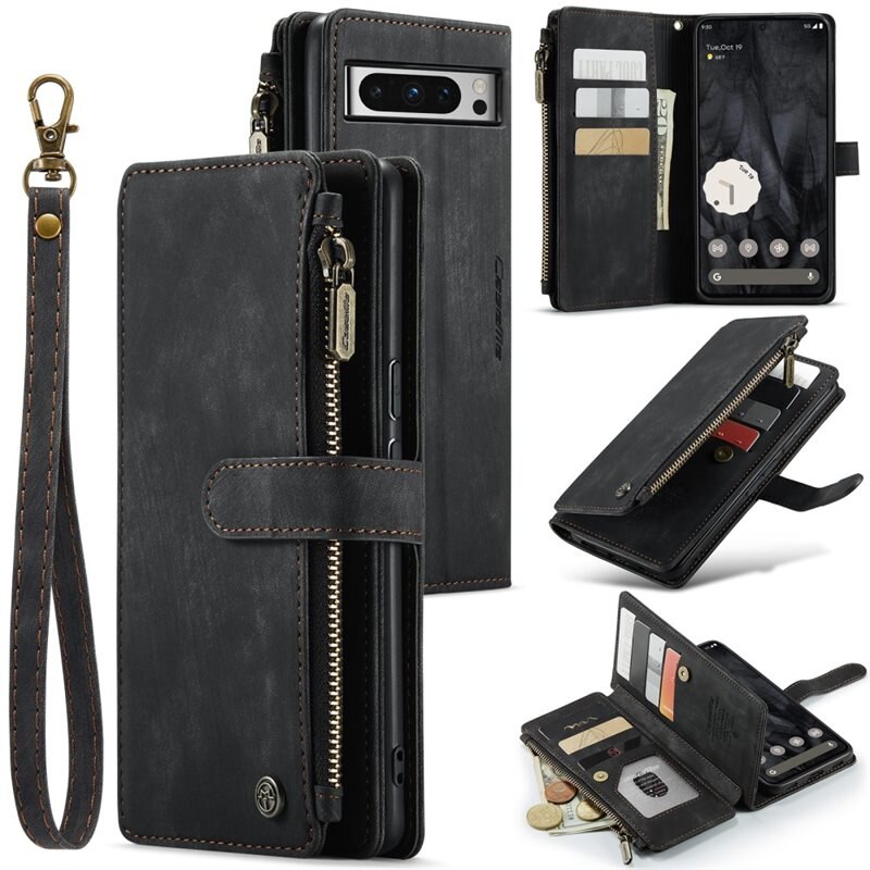 CaseMe Zipper Plånboksfodral Google Pixel 8 Pro Svart - Mobilfodral med inbyggd plånbok, myntfack och sedelficka