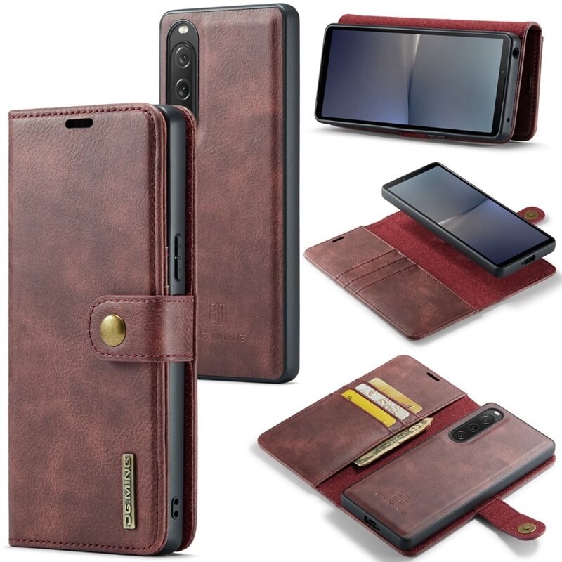 DG.MING Magnet Wallet Sony Xperia 10 V Red - Stilrent läderfodral med avtagbart magnetiskt skal