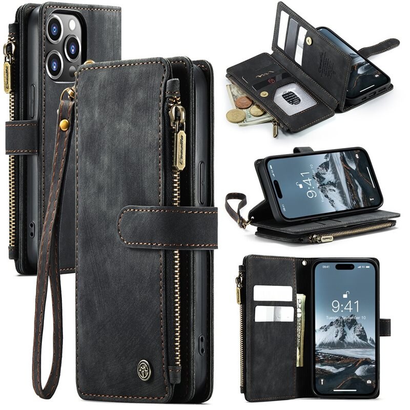 CaseMe Zipper Plånboksfodral iPhone 15 Pro Max Svart - Mobilfodral med inbyggd plånbok, myntfack och sedelficka