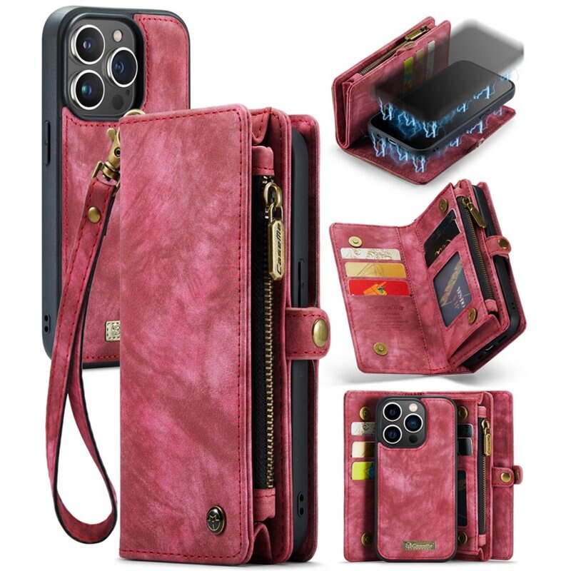 CaseMe Multi-slot Plånboksfodral iPhone 15 Pro Röd - Mobilfodral med extra många kortplatser - Korthållare