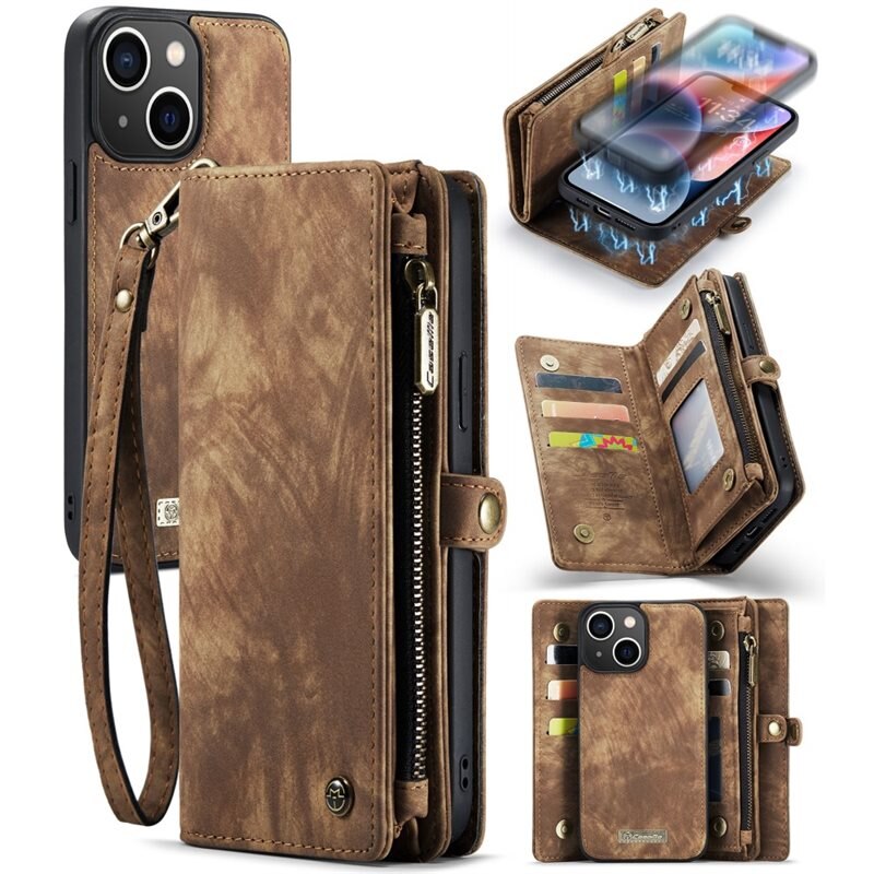 CaseMe Multi-slot Plånboksfodral iPhone 15 Plus Brun - Mobilfodral med extra många kortplatser - Korthållare