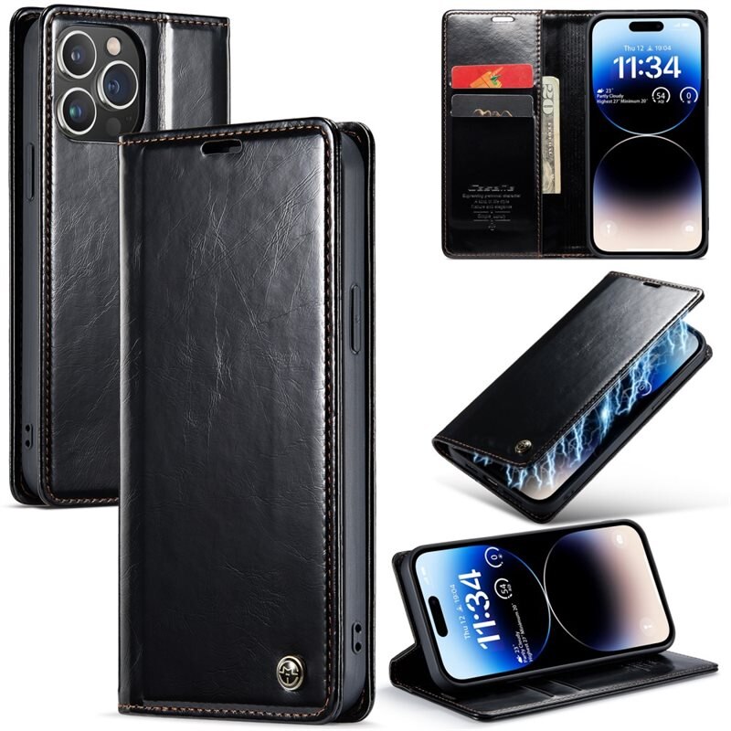 CaseMe Läderfodral iPhone 15 Pro svart - Plånboksfodral