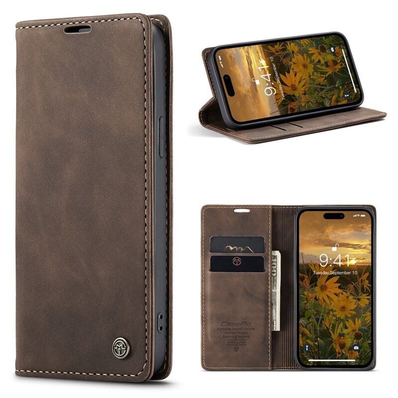 CaseMe Slim Plånboksfodral iPhone 15 Pro Max Brun - Tunt mobilfodral med plånbok