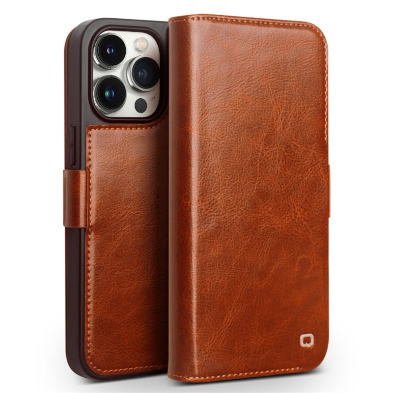 Qialino iPhone 15 Pro Leather Wallet Case Cognac - Plånboksfodral - Korthållare