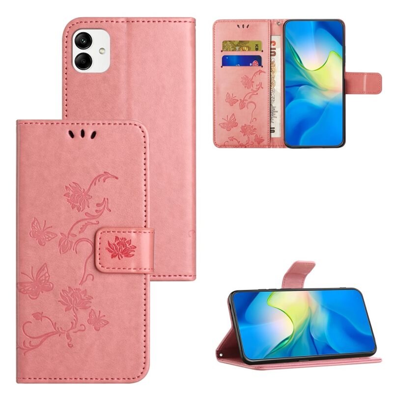 Läderfodral Fjärilar Motorola Moto G54 Rosa - Fint plånboksfodral med mönster