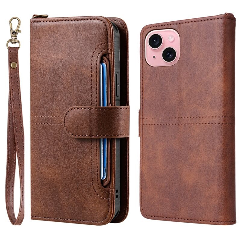 Magnet Leather Wallet iPhone 15 brun - Plånboksfodral med avtagbart skal