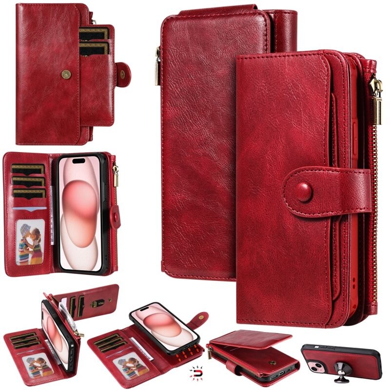 Magnet Leather Multi-Wallet iPhone 15 röd - Plånboksfodral med avtagbart skal