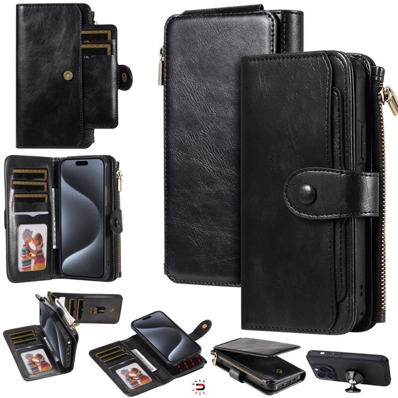Magnet Leather Multi-Wallet iPhone 15 Pro svart - Plånboksfodral med avtagbart skal