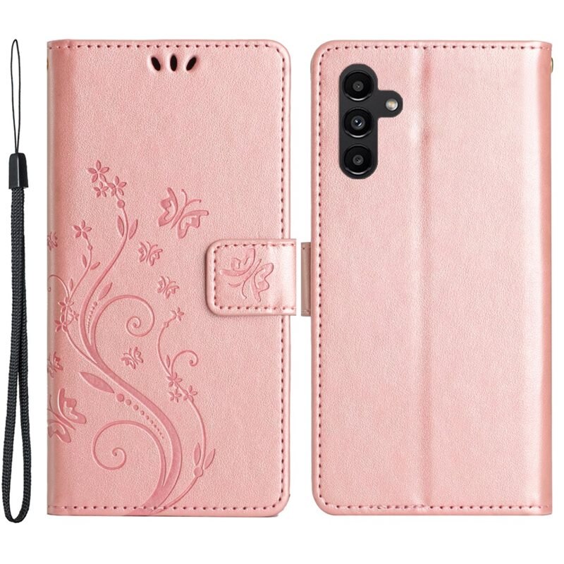Läderfodral Fjärilar Samsung Galaxy A15 Rosa - Fint plånboksfodral med mönster