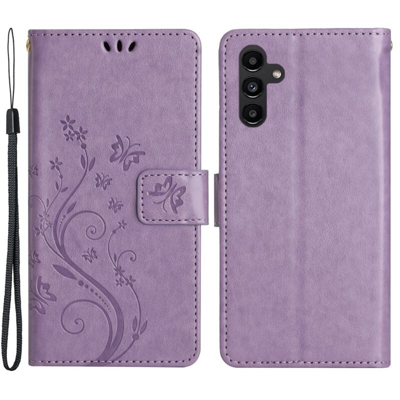 Läderfodral Fjärilar Samsung Galaxy A15 Lila - Fint plånboksfodral med mönster