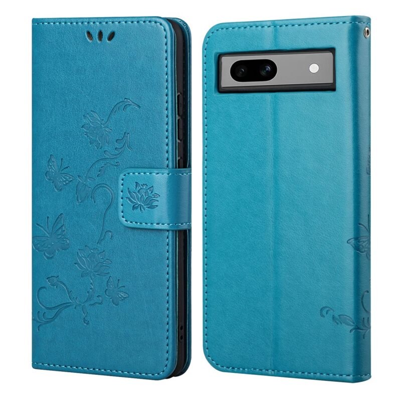 Läderfodral Fjärilar Google Pixel 8a Blå - Fint plånboksfodral med mönster