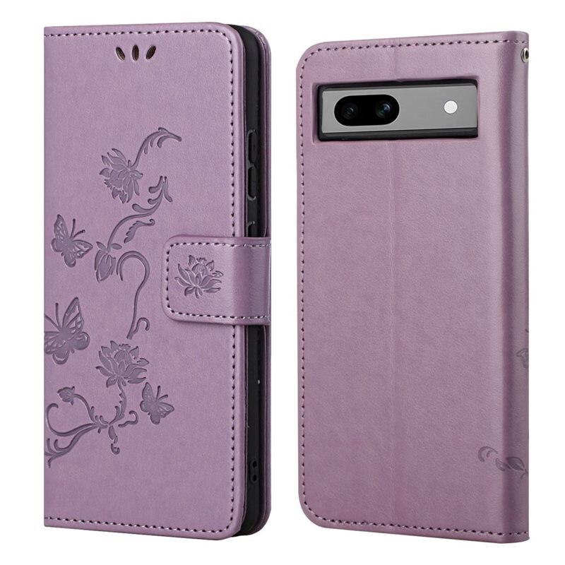 Läderfodral Fjärilar Google Pixel 8a Lila - Fint plånboksfodral med mönster
