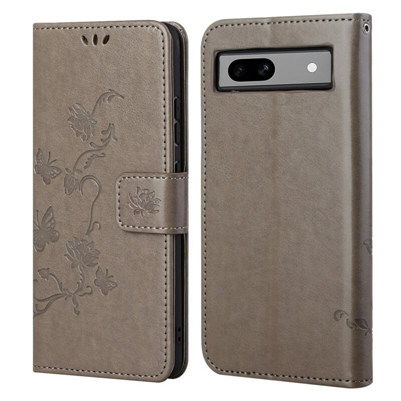 Läderfodral Fjärilar Google Pixel 8a Grå - Fint plånboksfodral med mönster