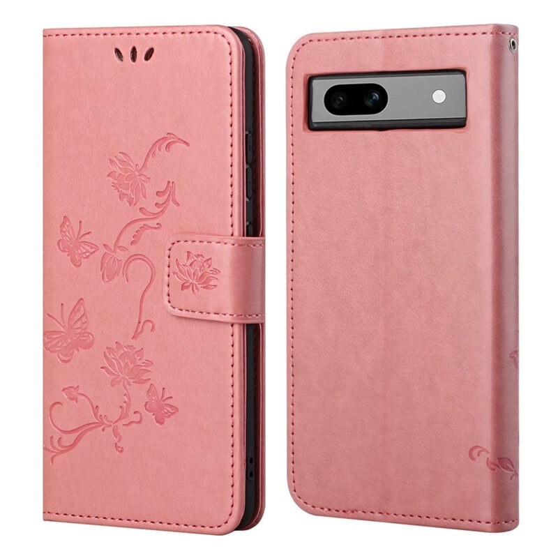 Läderfodral Fjärilar Google Pixel 8a Rosa - Fint plånboksfodral med mönster