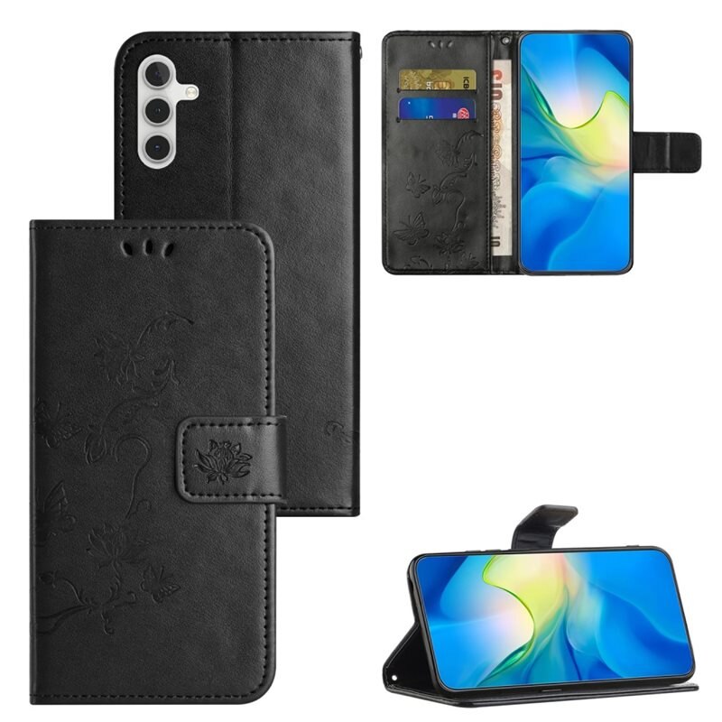Läderfodral Fjärilar Samsung Galaxy A35 Svart - Fint plånboksfodral med mönster