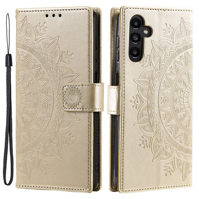 Läderfodral Mandala Samsung Galaxy A55 guld - Mobilväska Dam - Mobilfodral