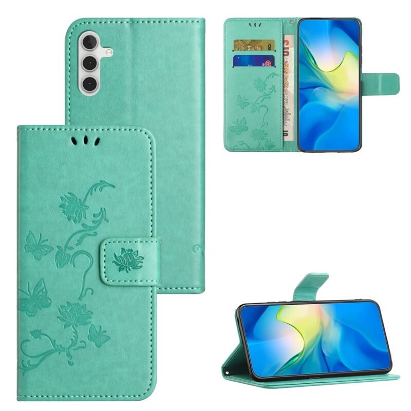 Läderfodral Fjärilar Samsung Galaxy A55 Grön - Fint plånboksfodral med mönster