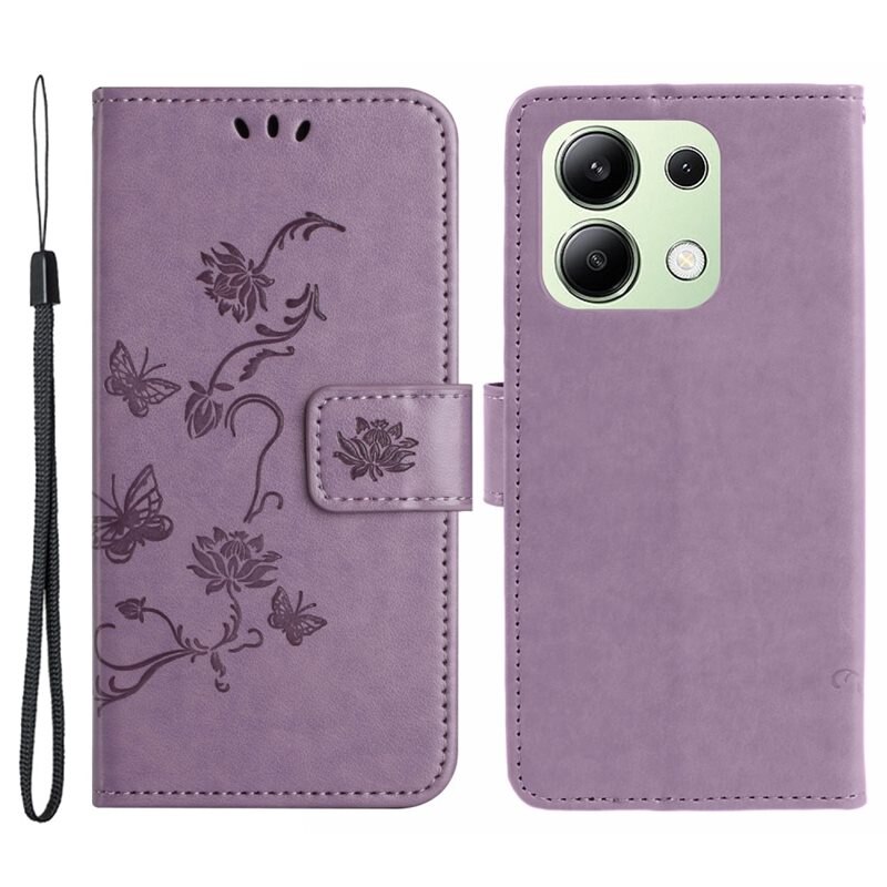 Läderfodral Fjärilar Xiaomi Redmi Note 13 4G Lila - Fint plånboksfodral med mönster
