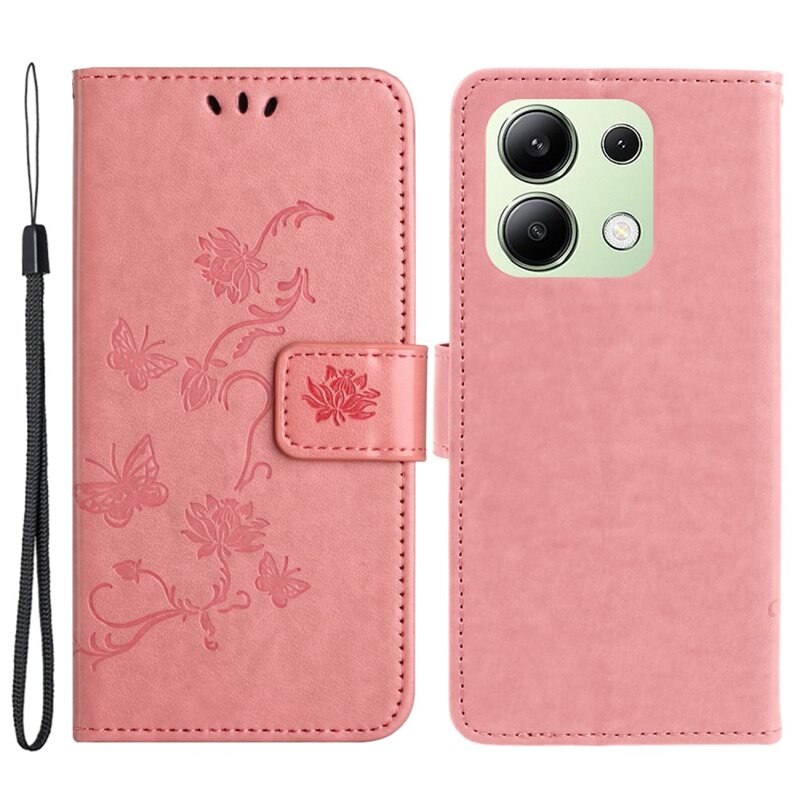 Läderfodral Fjärilar Xiaomi Redmi Note 13 4G Rosa - Fint plånboksfodral med mönster
