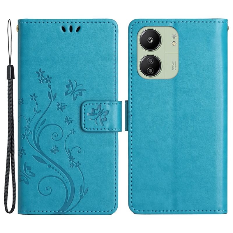 Läderfodral Fjärilar Xiaomi Redmi 13C Blå - Fint plånboksfodral med mönster