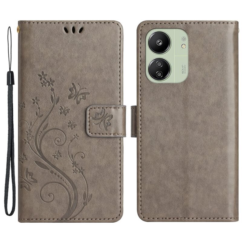 Läderfodral Fjärilar Xiaomi Redmi 13C Grå - Fint plånboksfodral med mönster
