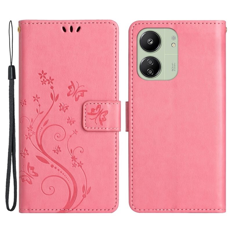Läderfodral Fjärilar Xiaomi Redmi 13C Rosa - Fint plånboksfodral med mönster