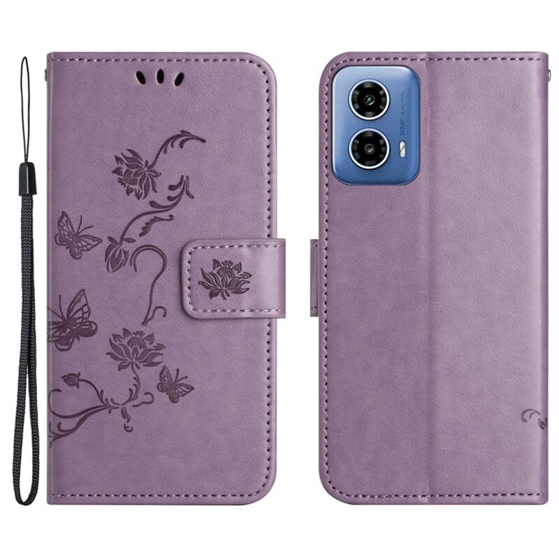 Läderfodral Fjärilar Motorola Moto E14 Lila - Fint plånboksfodral med mönster