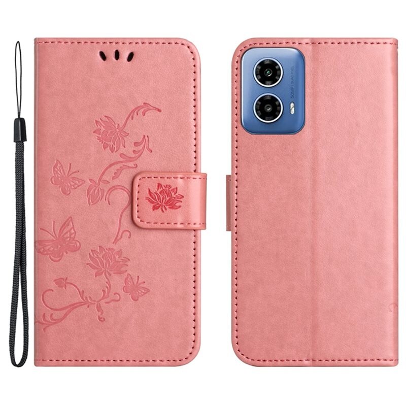 Läderfodral Fjärilar Motorola Moto G24 Power Rosa - Fint plånboksfodral med mönster