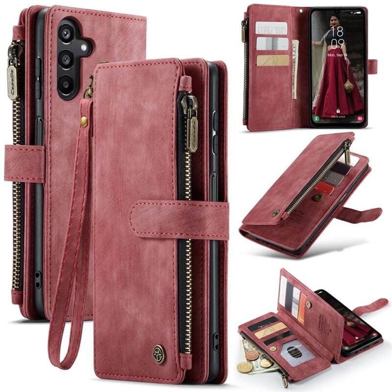 CaseMe Zipper Plånboksfodral Samsung Galaxy A15 Röd - Mobilfodral med inbyggd plånbok, myntfack och sedelficka